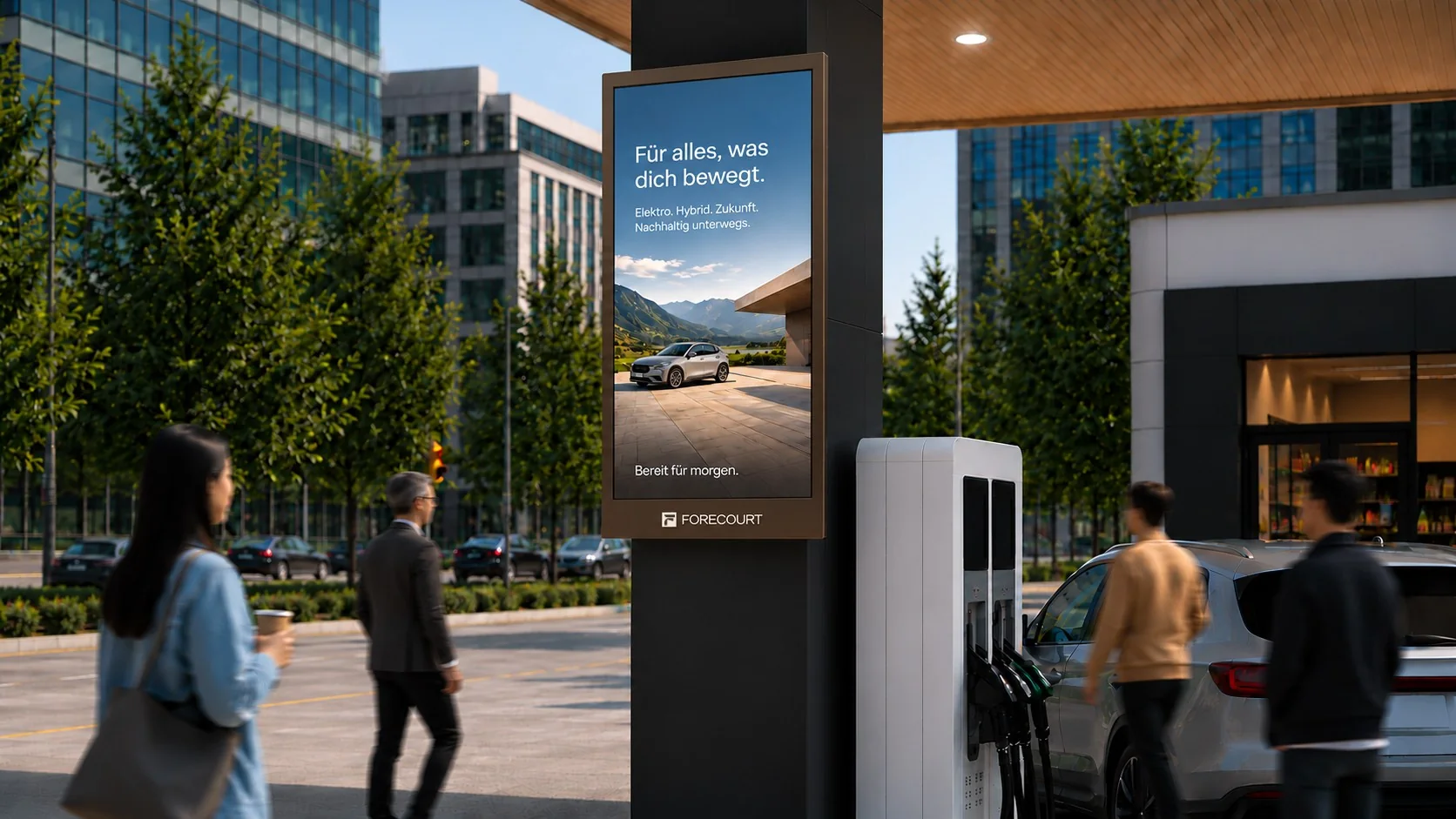 Menschen an einer Tankstelle in der Stadt, an der Säule ein digitaler Werbescreen von Forecourt