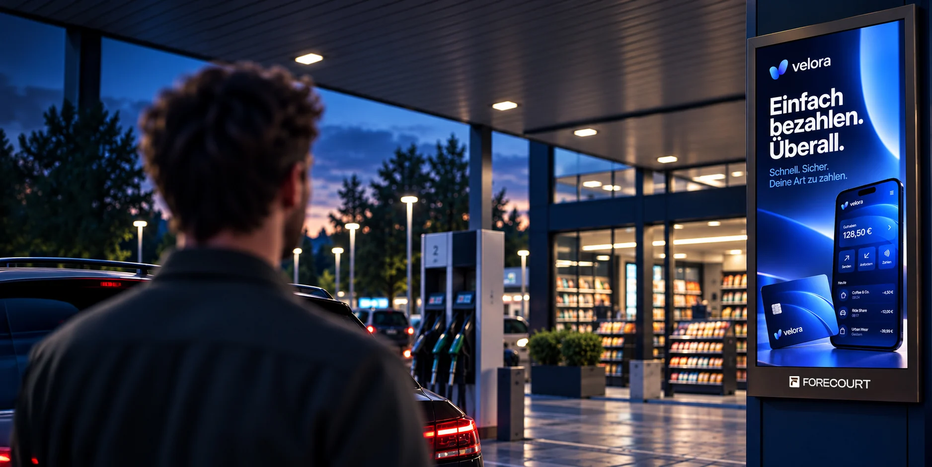 Ein Mann an der Tankstelle am Abend schaut auf einen digitalen Werbescreen von Forecourt an der Zapfsäule