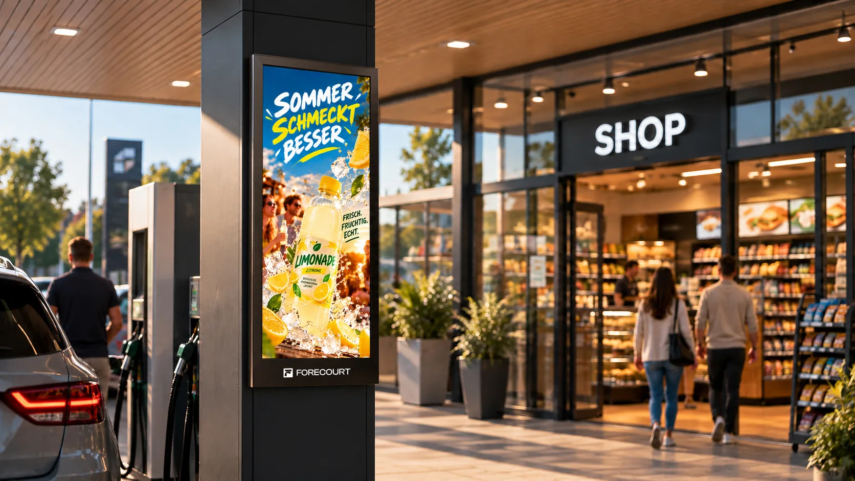 Digitales Poster „Sommer schmeckt besser“ für eine Limonade auf dem Forecourt-Screen an der Zapfsäule, dahinter der Tankstellen-Shop